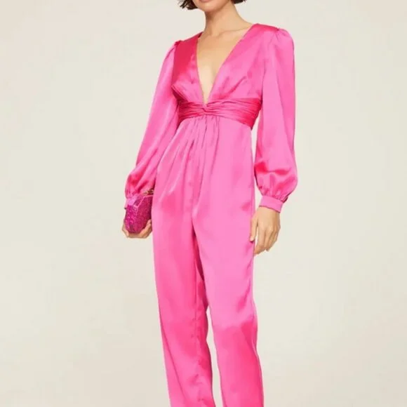 Mac Duggal Pink Plunge Neck Long Sleeve Satin Jumpsuit